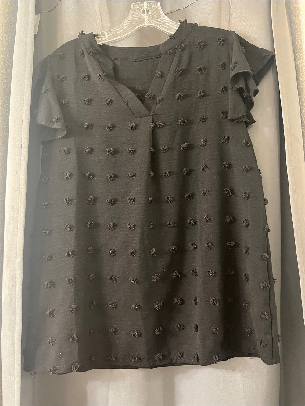 Black Flutter Sleeve Textured Dot Blouse